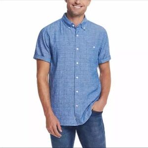 Weatherproof Vintage Men's Short Sleeve Linen Cotton Woven Shirt Blue XXL